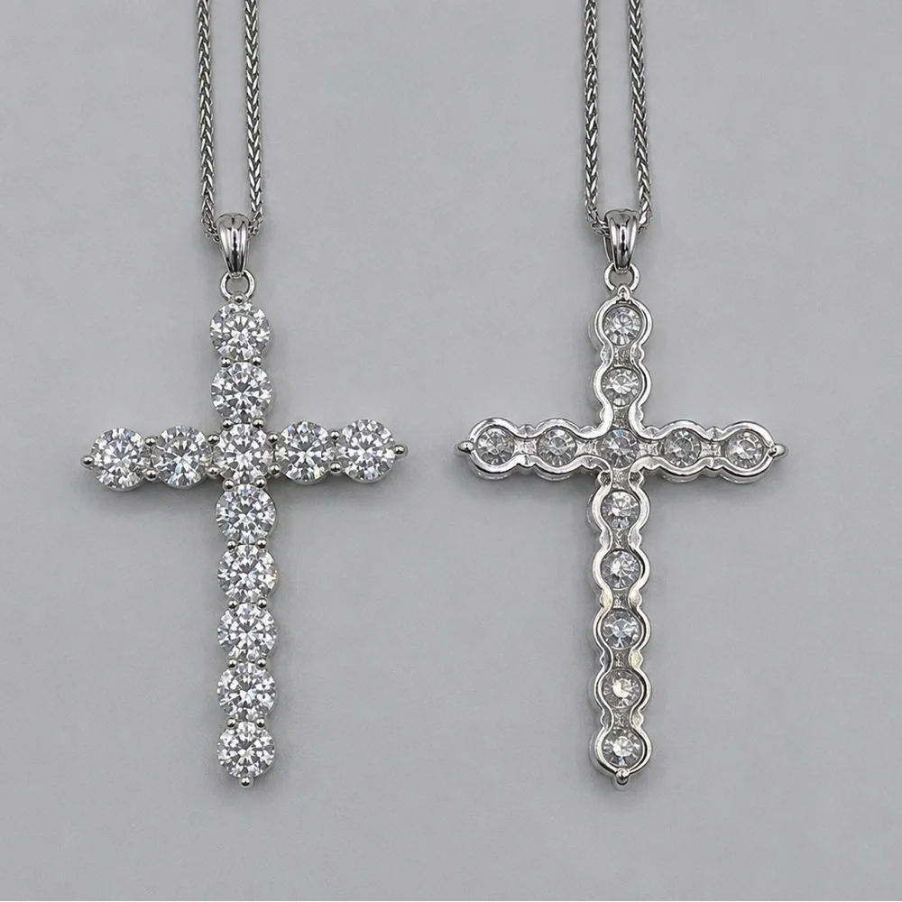 925 Sterling Silver 6.00CT MOISSANITE Cross Pendant Necklace Size 18”